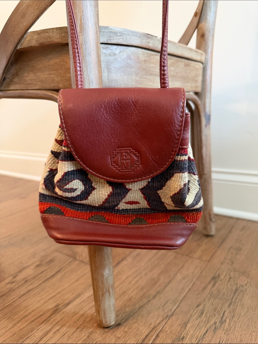 Vintage E M May Turkish Kilim Crossbody Handwoven Wool Tapestry Red Leather Trim